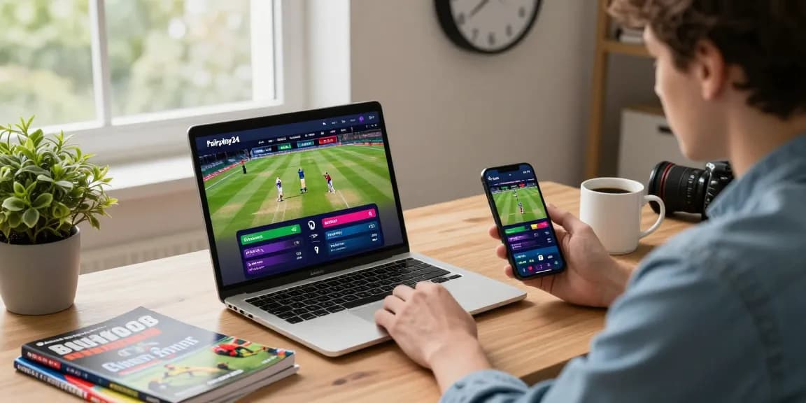 Fairplay24 online betting platform interface displayed on a laptop with cricket stats, showcasing user engagement in modern betting.