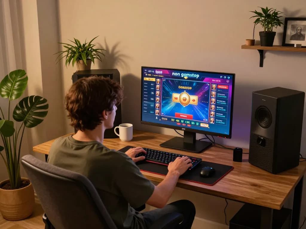 Person celebrating a win at non gamstop casinos on a desktop, showcasing excitement in a cozy home setup.