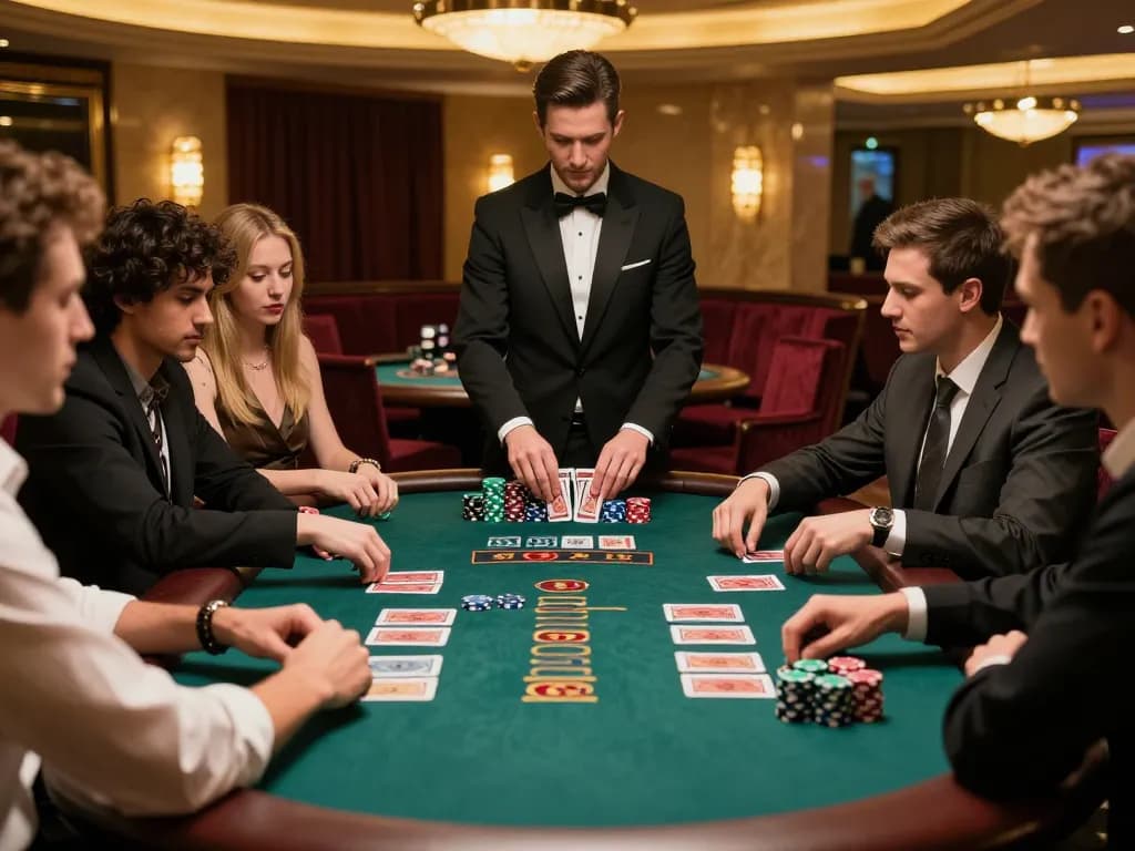 Players strategizing during a blackjack game at 388bet casino, colorful chips and cards visible.