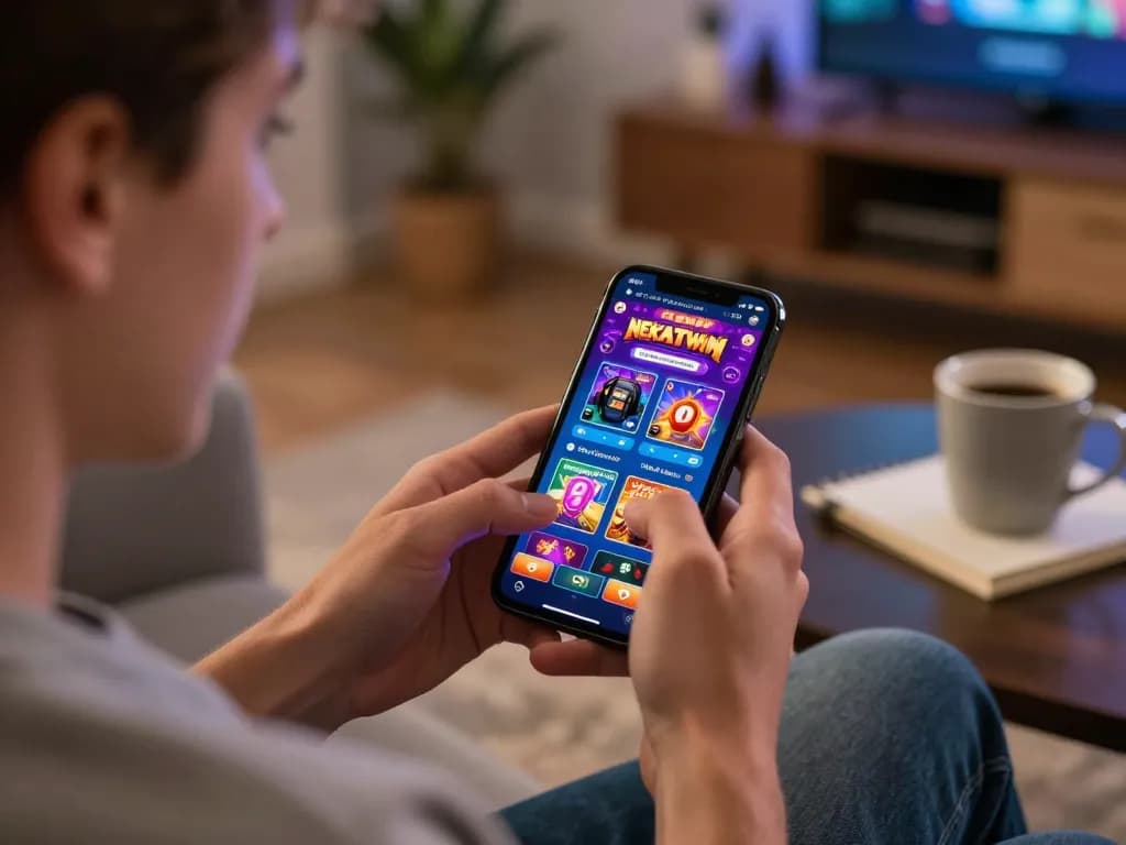 Engaging with NEKATWIN app on smartphone showcases thrilling mobile casino gaming.