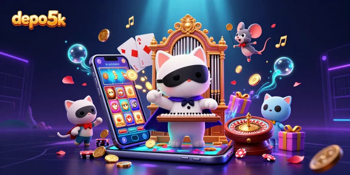 Menggali peluang menang dengan depo 5k slot game, ponsel menampilkan permainan berputar dan koin emas.
