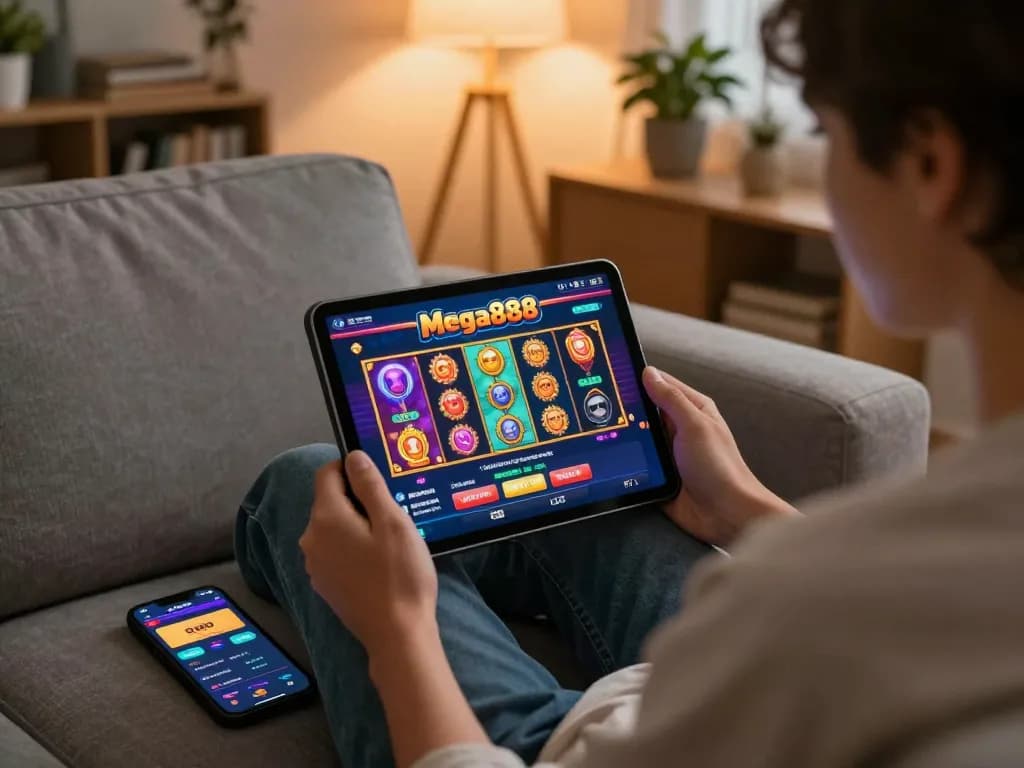 Mega888 apk original download displayed on a tablet during a cozy home gaming session with strategic gameplay elements.