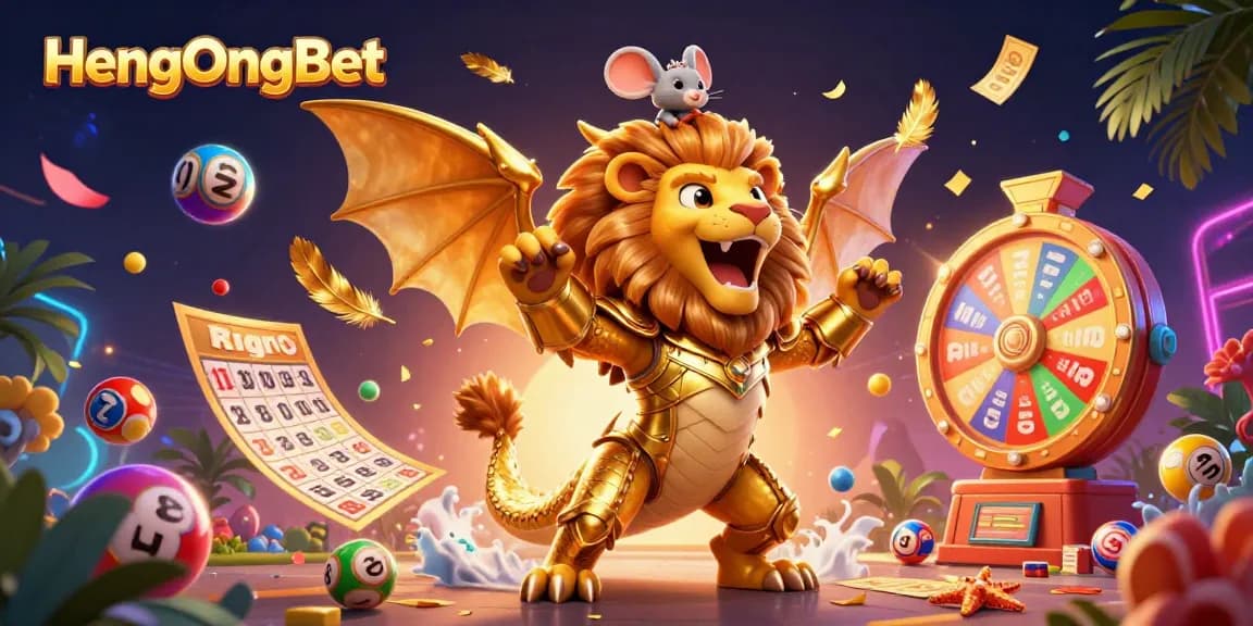 Experience HengOngBet's exciting gaming with a lively illustration of a triumphant chimera and colorful lottery balls.