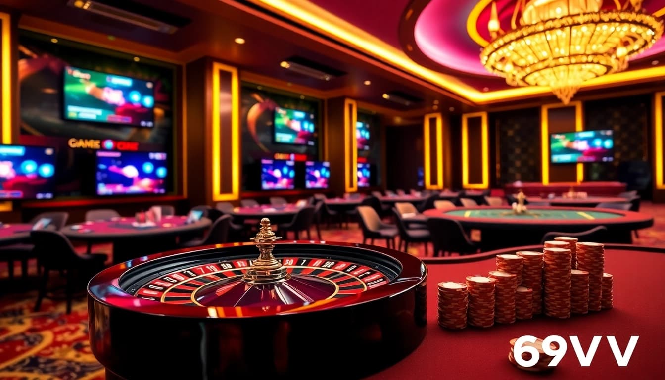 Betting excitement at 69VN with vibrant roulette and poker table scene.