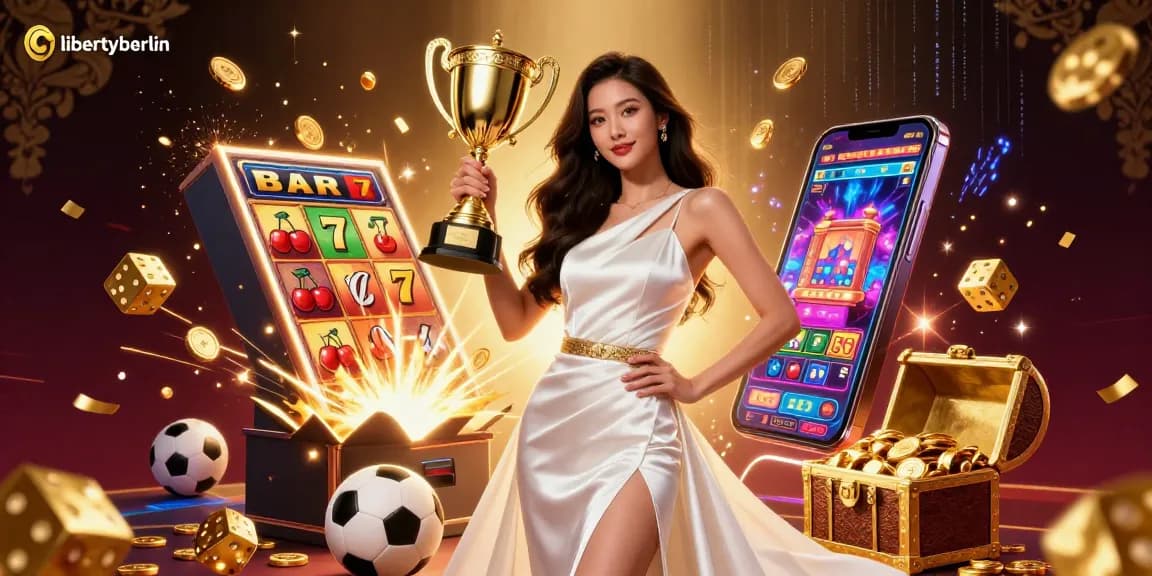 Experience the thrill of wins at libertyberlin with vibrant casino elements and a triumphant figure!