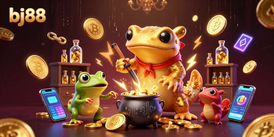 Betting on bj88 with a golden alchemist turning metals into coins amidst dazzling 3D casino elements