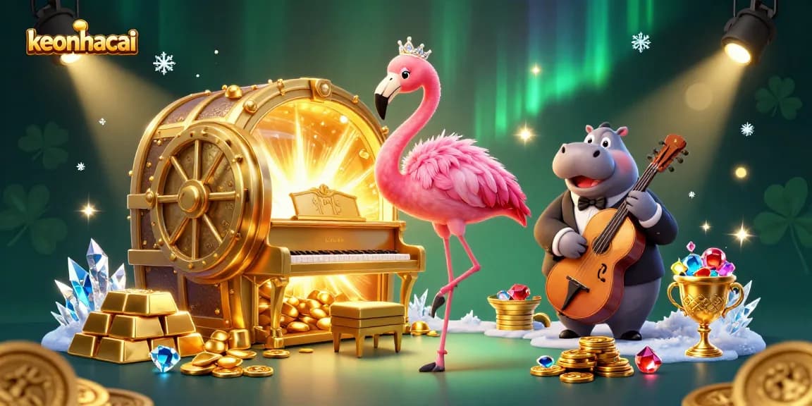 Engage with keonhacai as flamingo and hippo perform in a vibrant casino atmosphere.