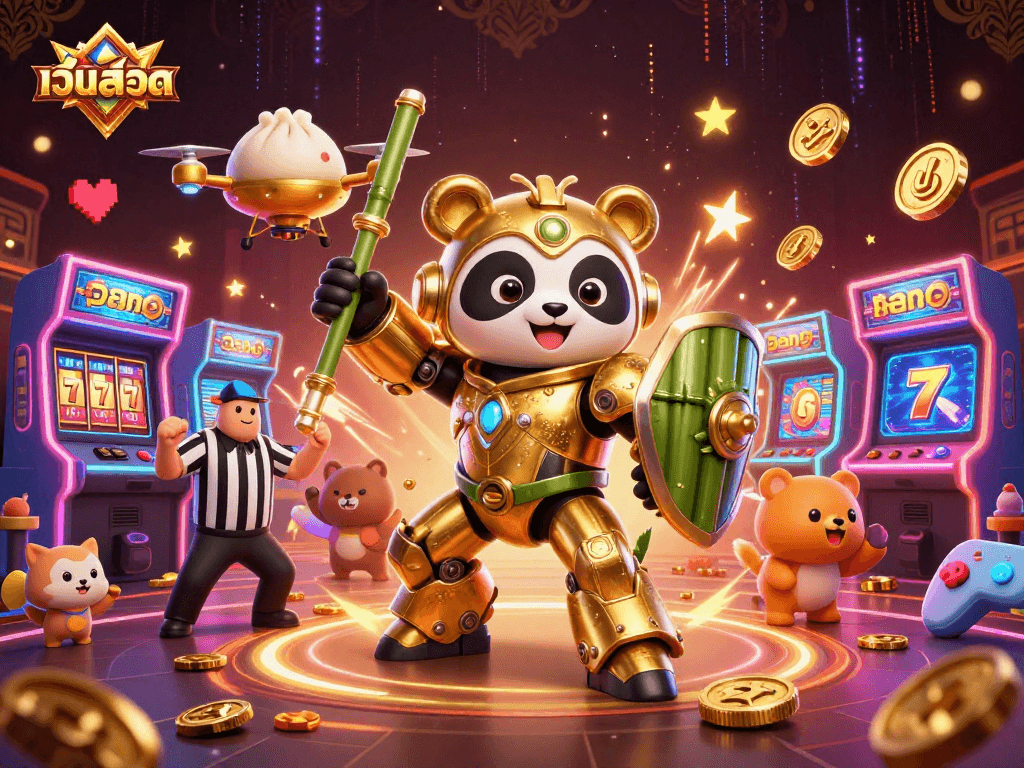 Spin the เว็บสล็อต reels with excitement as the golden panda battles in a vibrant gaming arena.