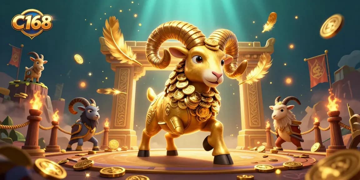 C168 invites players to engage in the thrilling action of a dynamic casino with a charging golden ram amidst festive gaming elements.