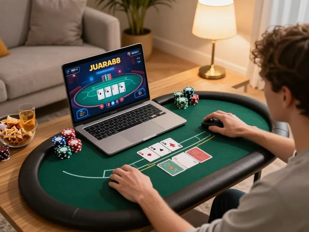 Engage in JUARA88 poker tournament from home with dynamic online gaming setup and snacks.