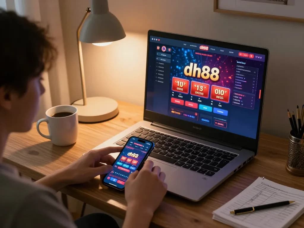 Engaging in dh88 online gambling from a comfortable home setup featuring a laptop display.