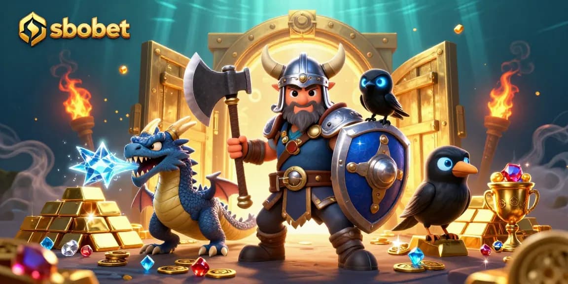 Experience sbobet action and excitement with a Viking warrior, dragon, and treasure in a vibrant casino world.