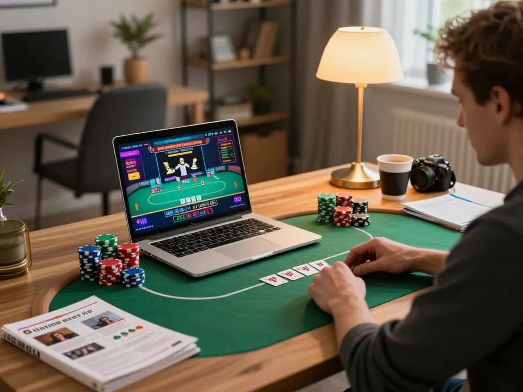MPOID player analyzing poker game strategy with chips and notes in a cozy online gambling setting.