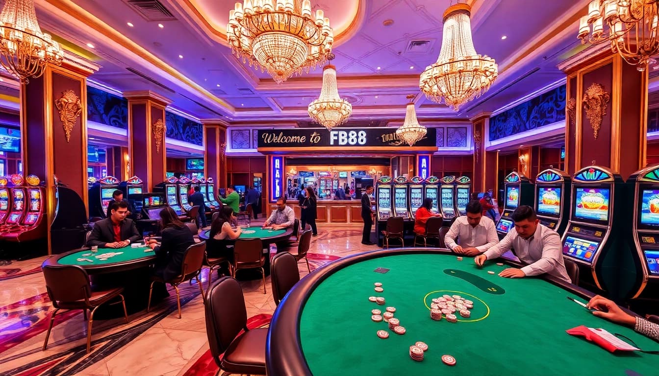 FB68 casino scene capturing thrilling gameplay at poker tables with vibrant slot machines.