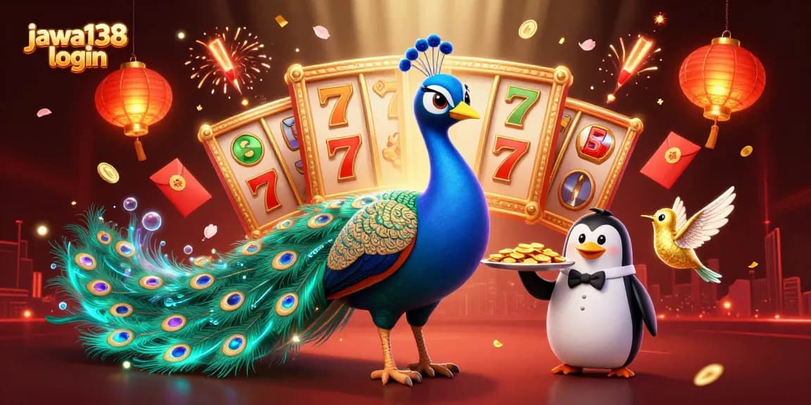 Grafik kasino menarik dengan karakter dan elemen 3D, menampilkan "jawa138 login" dengan slot dan simbol keberuntungan