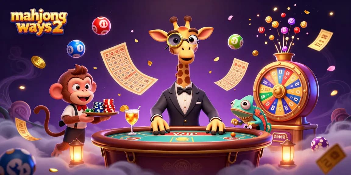 Engage with mahjong ways 2 in this vibrant 3D illustration featuring a high-roller giraffe, lively gambling elements, and a joyful atmosphere.