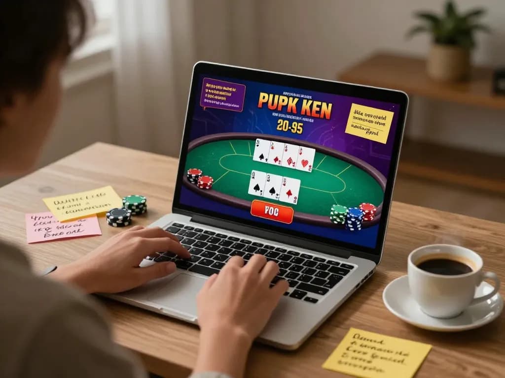 Dewaslot player enjoying a live poker game on their laptop in a cozy home office setting.
