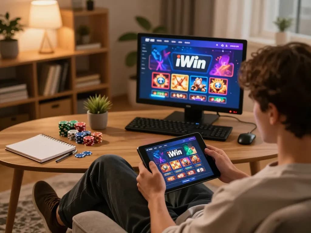 iWin gaming experience showcased with a user engaging in online betting from a cozy home setup.