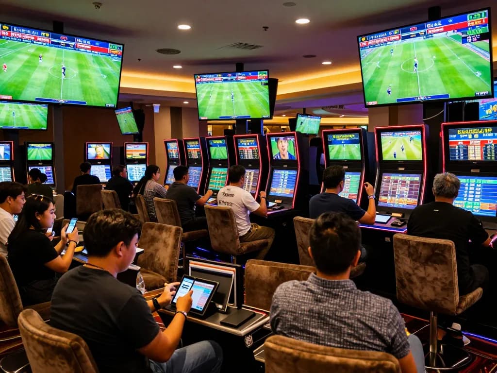 Engaging sports betting experience showing kèo nhà cái updates on screens at a modern casino