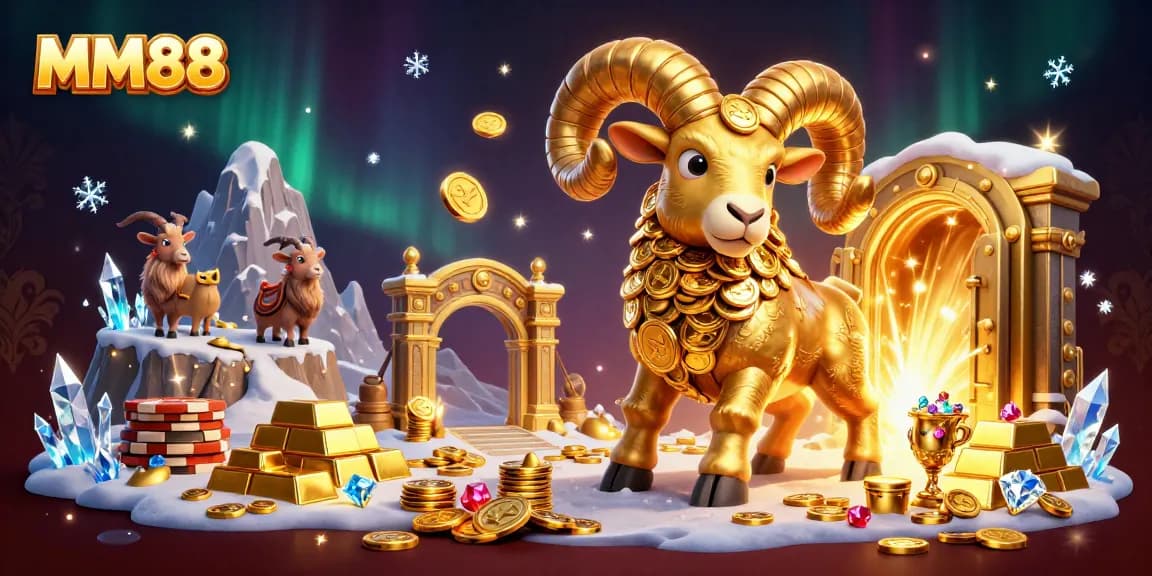Experience the thrill of winning at MM88 with a massive golden ram charging through gold treasures.