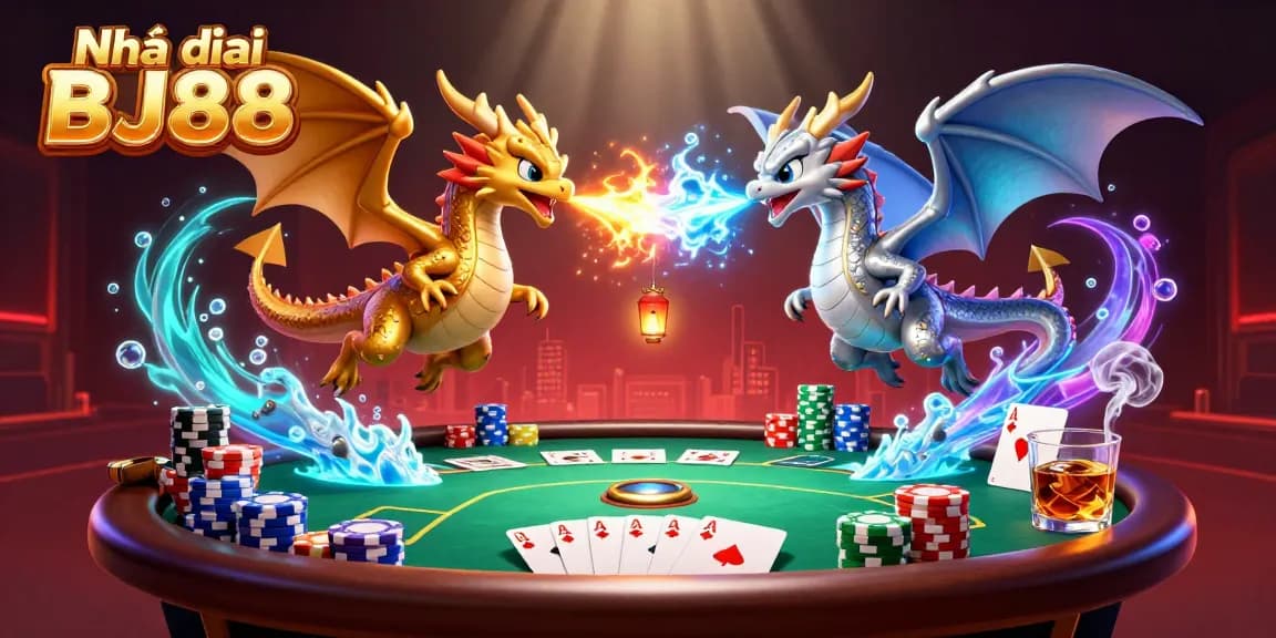 Experience the excitement of Nhà cái BJ88 with dynamic 3D dragons and casino elements in an engaging scene.
