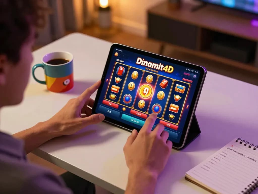 Engaging in Dinamit4D slot gameplay on a tablet at home, showcasing a lively online gaming atmosphere