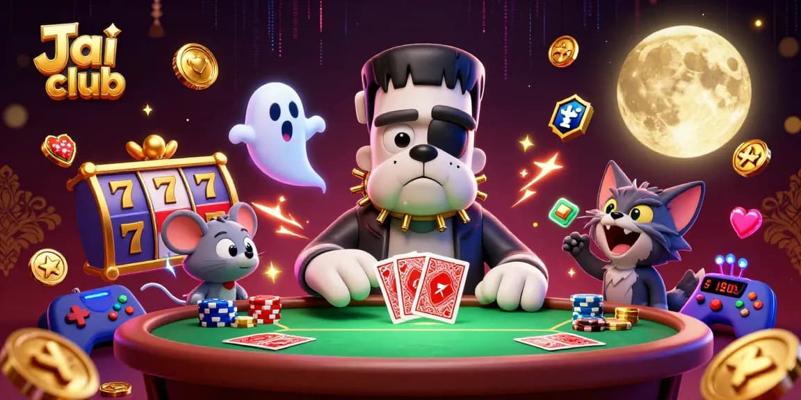 Engage with thrilling Jai Club card games featuring a playful bulldog dealer and ghostly mouse.