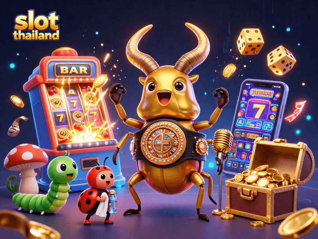 Spin to win with slot thailand featuring vibrant characters and an explosion of casino elements.