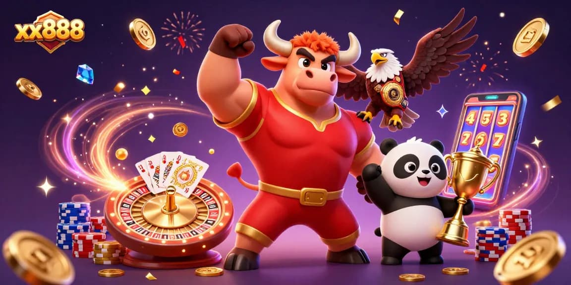 Celebrate your wins with xx888 as the bull mascot and friends enjoy casino games!
