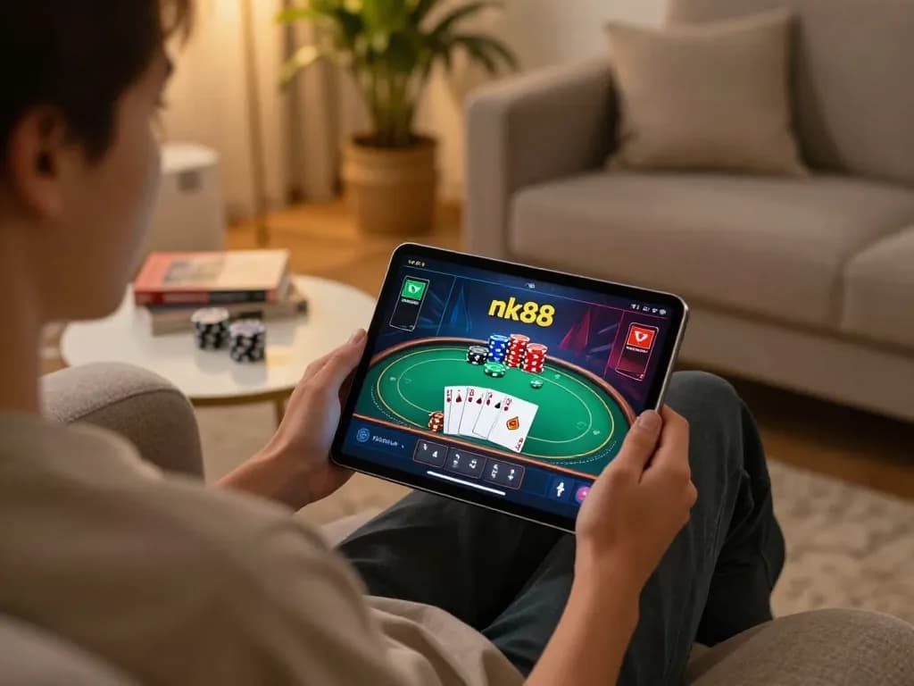 Player engages with nk88 casino app on tablet in cozy home setting.