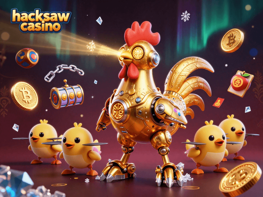 Experience hacksaw casino adventures with golden rooster robot and vibrant gaming elements.
