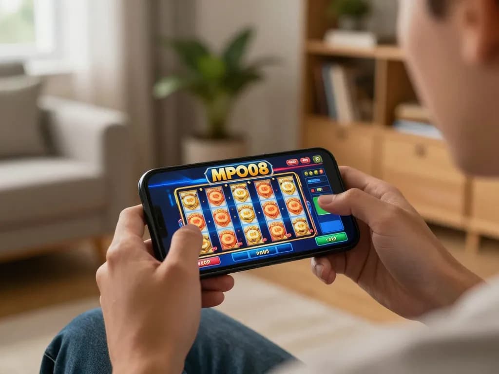 MPO08 player enjoying a dynamic online casino experience with smartphone in a cozy room