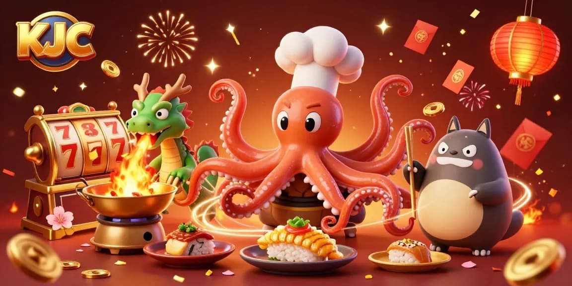 KJC slots scene illustrating a sushi chef octopus and dragon in a vibrant casino atmosphere.