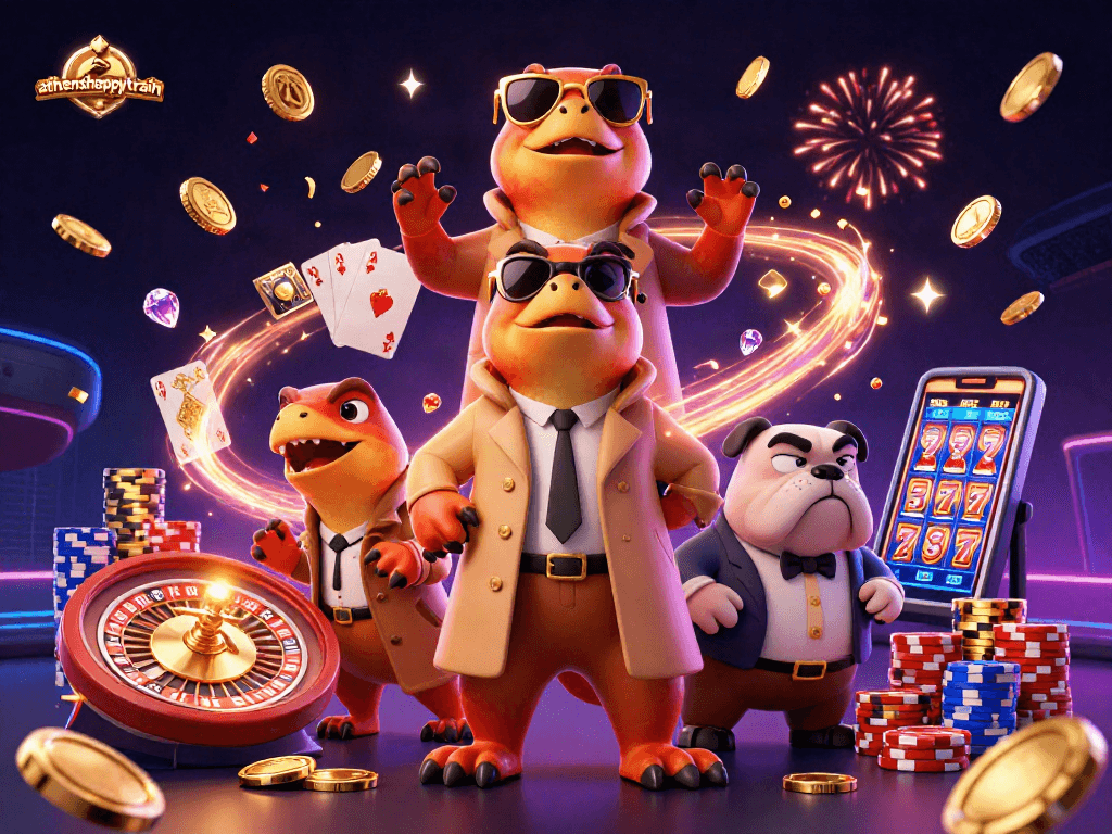 Experience the excitement of athenshappytrain with raptors in a trench coat attempting to enter a VIP casino.