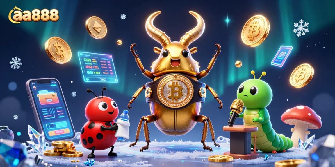 Engage with aa888's dynamic casino adventure featuring glowing crypto coins and vibrant characters.