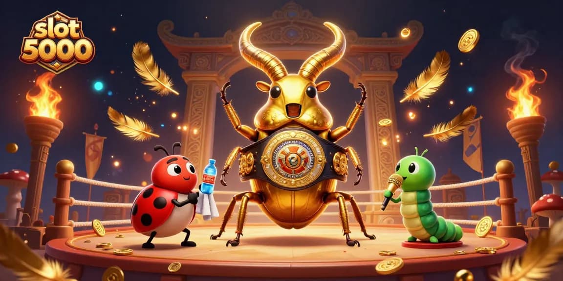 Slot 5000 menampilkan pertarungan epik antara kumbang kejuaraan dan karakter lainnya dalam arena yang megah.