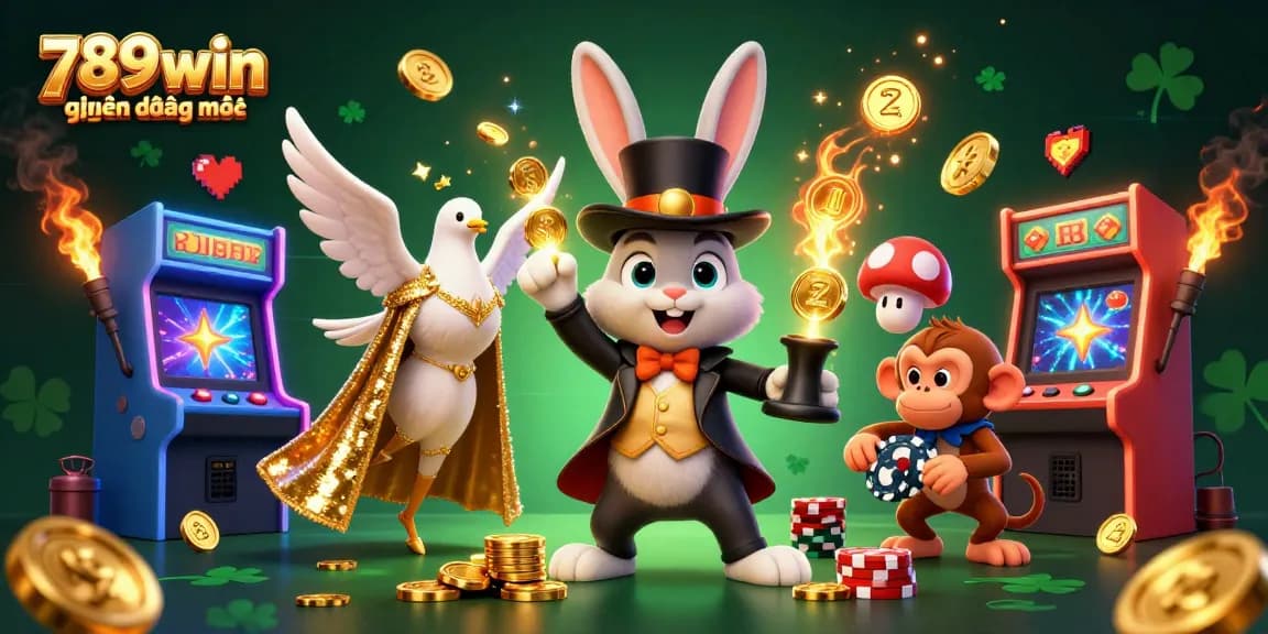 Experience the excitement of 789win hiện đang mở with a 3D cartoon scene featuring a magician rabbit, golden coins, and playful casino elements.