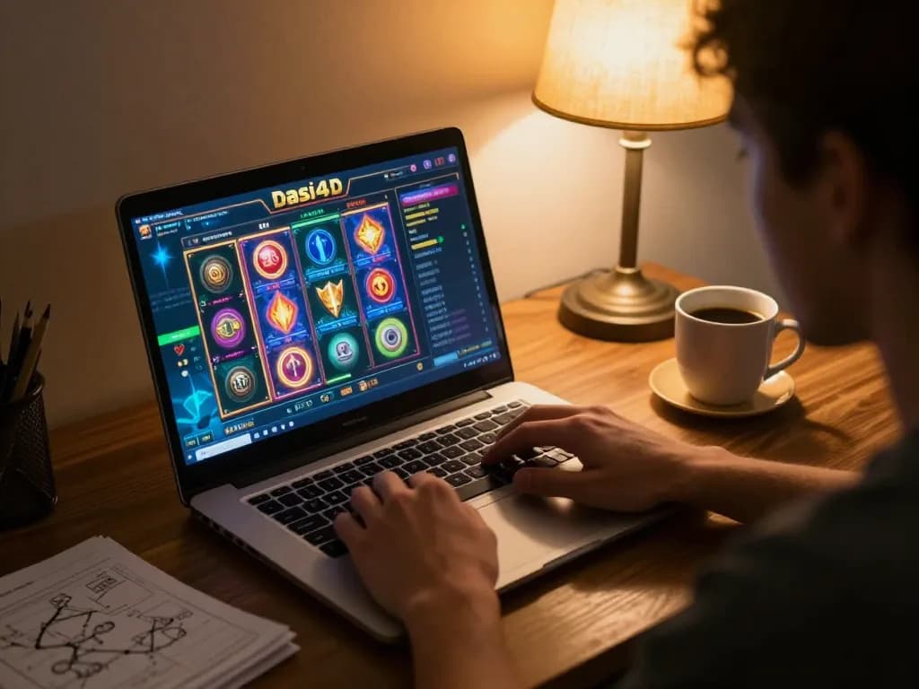 Terlibat dalam permainan slot dasi4d di rumah, menampilkan antarmuka kasino online dan catatan strategi.