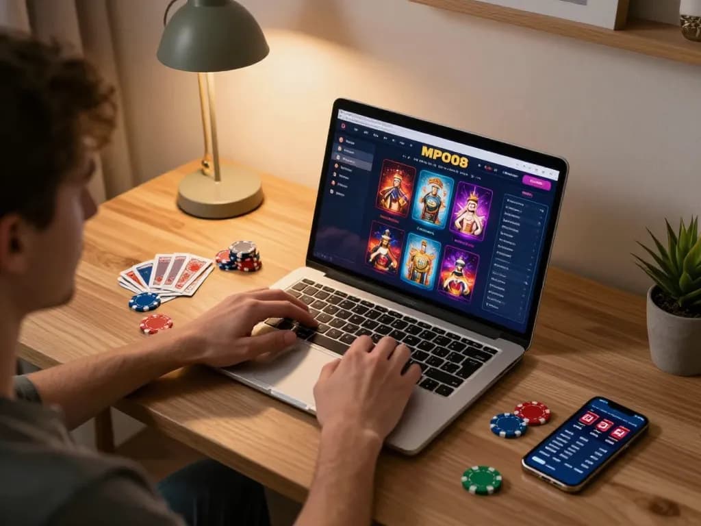 MPO08 player enjoying strategic online gaming session at home with laptop interface