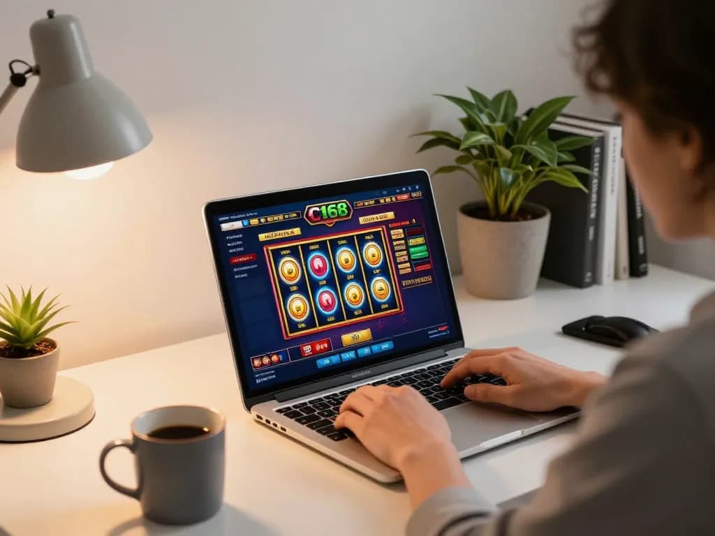 C168 online gaming session with vibrant slot reels, casual home atmosphere, and engaging player.