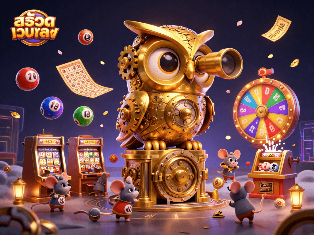Engage in exciting สล็อตเว็บตรง games featuring a clockwork owl and vibrant casino atmosphere.
