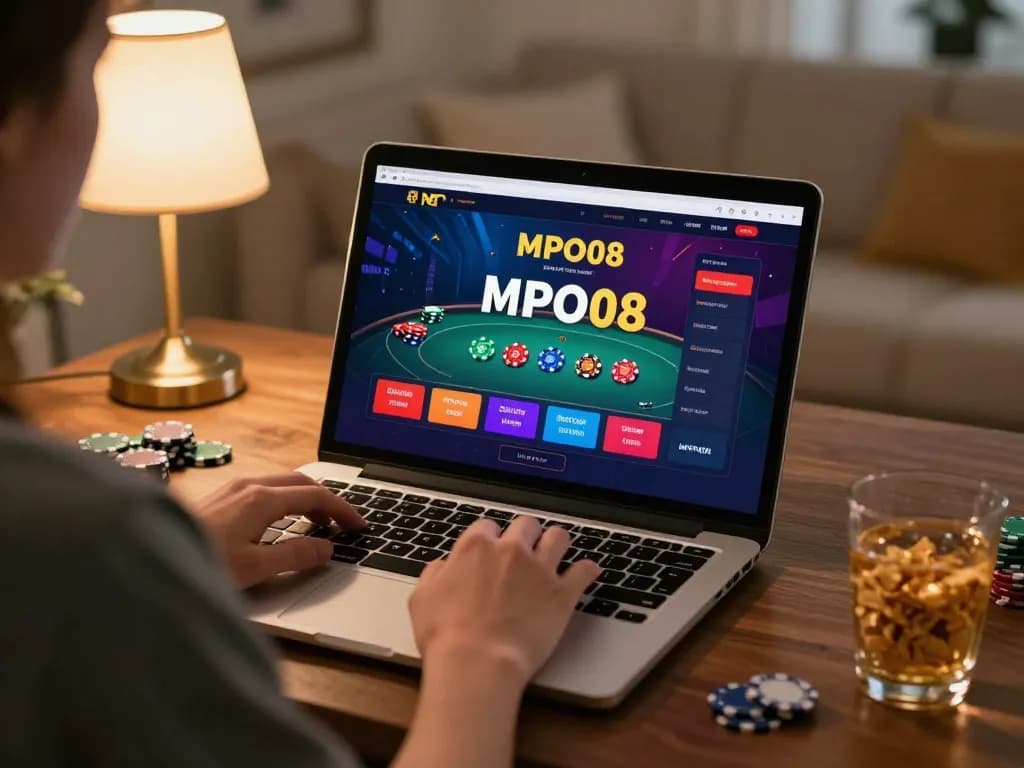 Person enjoying MPO08 online casino gaming on a laptop, showcasing bright game interface and comfortable home setting.