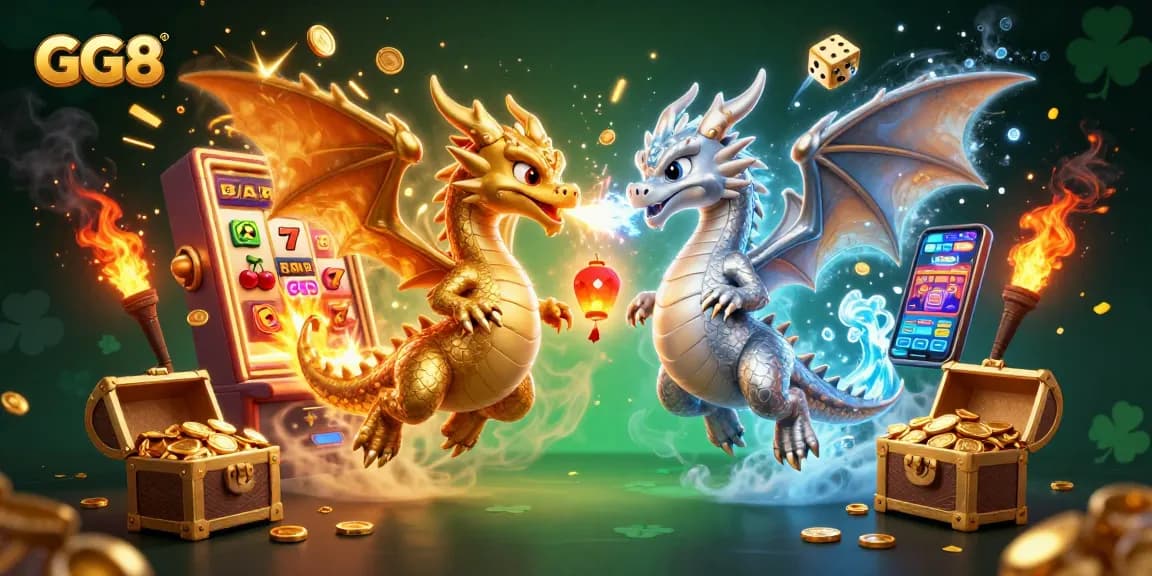 Spin the reels and win big with GG8 in this captivating 3D casino illustration featuring dragons and jackpots.