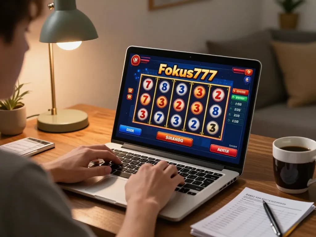 Engaged player enjoying Fokus777 game on a laptop in a cozy home setting.