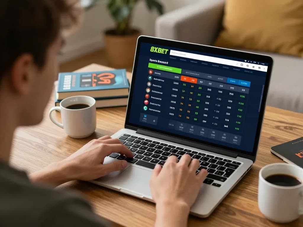 Engaged user placing a bet on 8xbet’s platform from a cozy home setup, highlighting an online sports betting experience.
