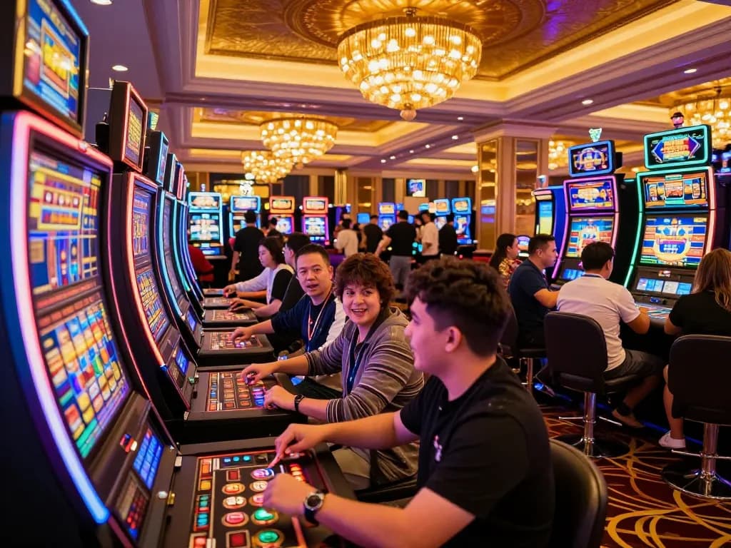 Thrilling moment at MM 99 casino with players cheering at vibrant slot machines amidst colorful lights.