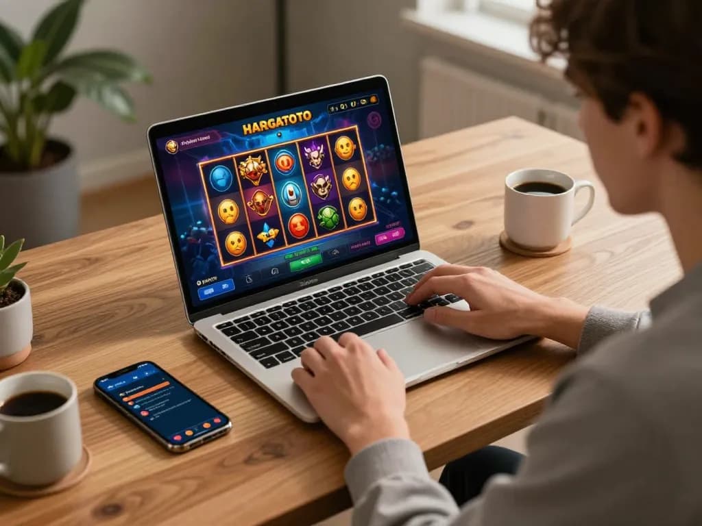 Pemain menikmati permainan di platform online HARGATOTO, menampilkan slot RTP tinggi dalam antarmuka yang penuh warna.