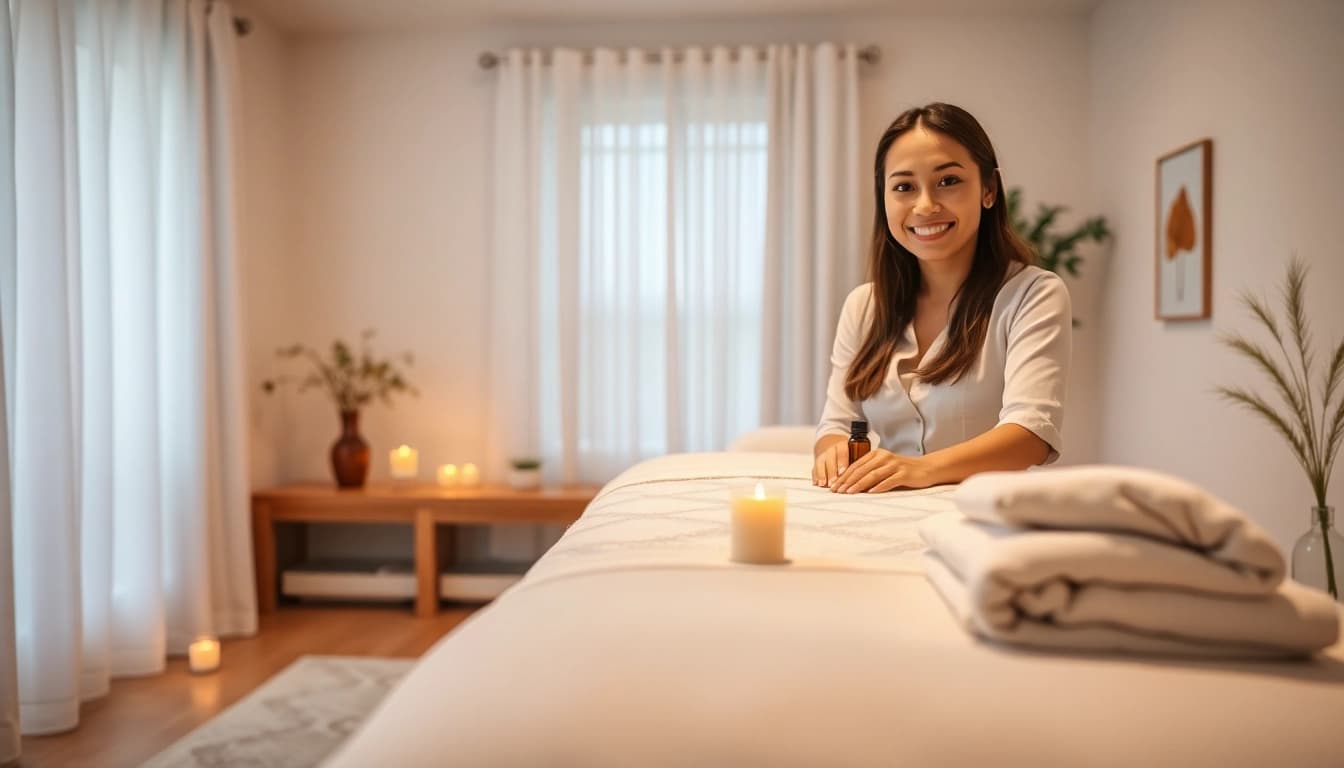 Professional therapist ready for an 오산출장마사지 session in a serene home setting.