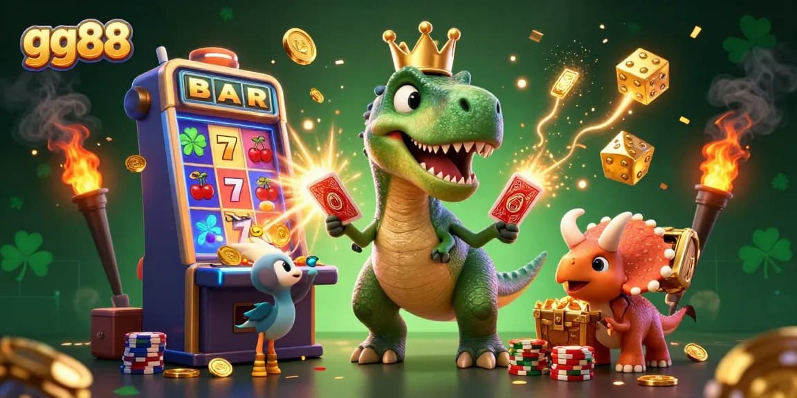 Engage with exciting games at gg88 as a T-Rex shuffles cards and wins jackpots.