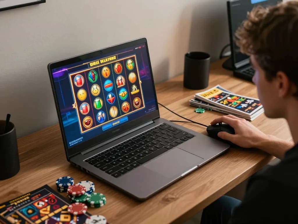 Engage with a link slot game on a laptop, highlighting vibrant graphics and intense gameplay.